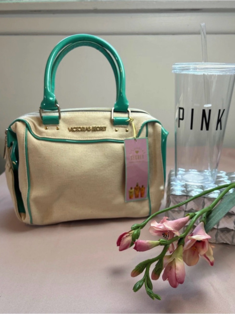 Bundle Victoria's Secret Cream Canvas Satchel with Teal Trim y Glass pink nwt